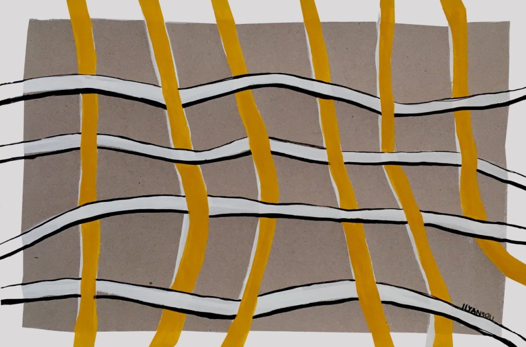 Drawing of white and gold woven threads on a brown background. Art by Yanso